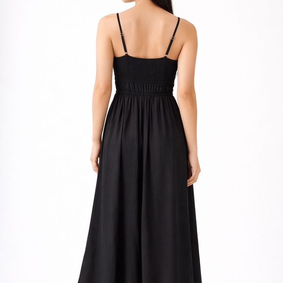 Black Smocked Midi Dress with Spaghetti Straps - Picture 2 of 7